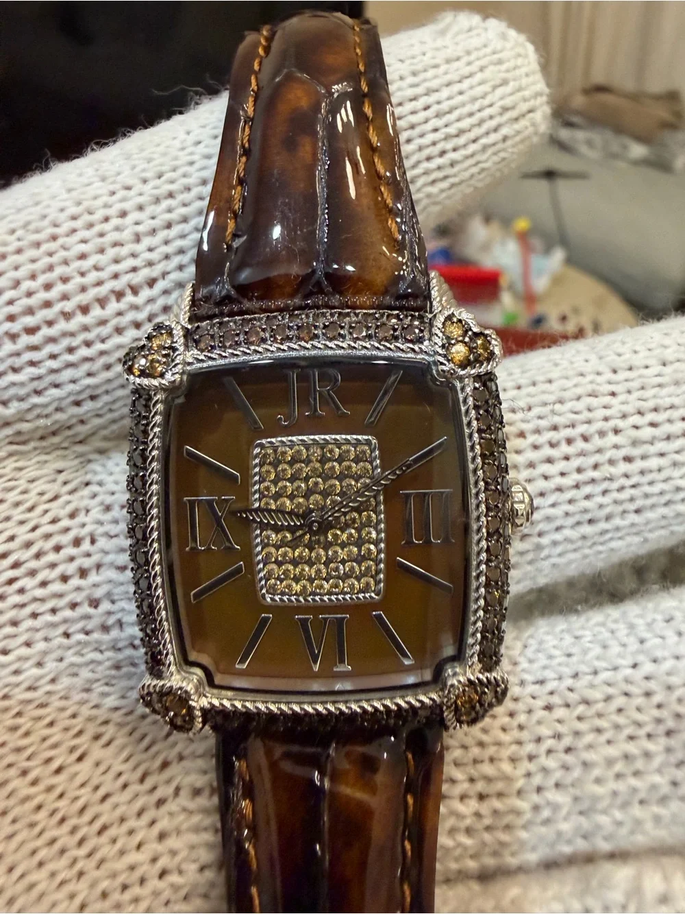 Judith Ripka Monaco Watch Brown Face Pave CZ Crystal Heart Tortoise Strap Runs